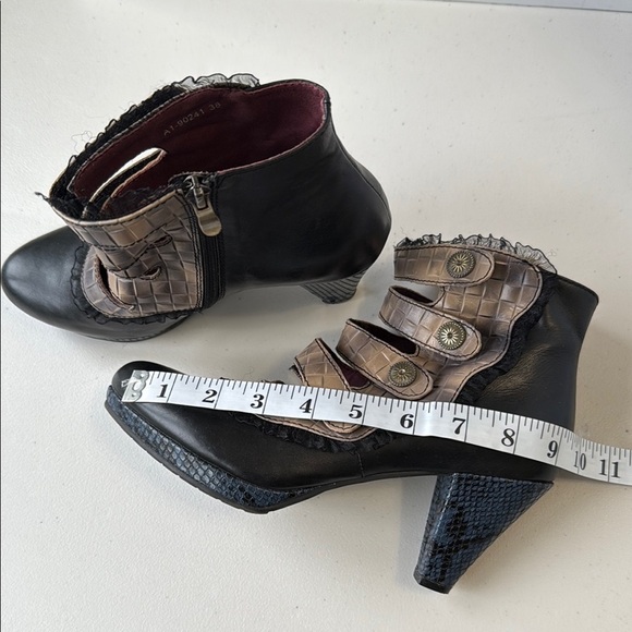 Italmoda Black, Tan, Blue Victorian Heeled Boots with Straps and Lace Trim - Picture 14 of 16